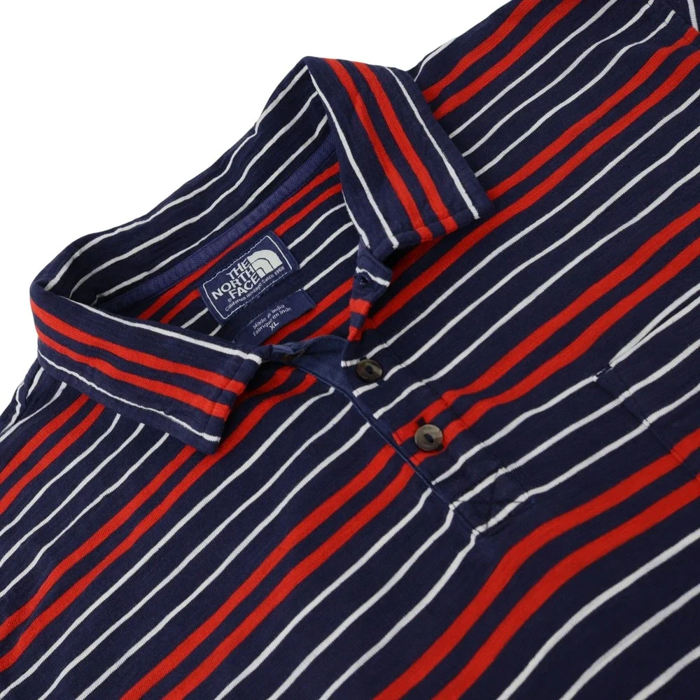The North Face Mens XL Polo Shirt Striped Navy‎ Blue Red Short Sleeve Pocket